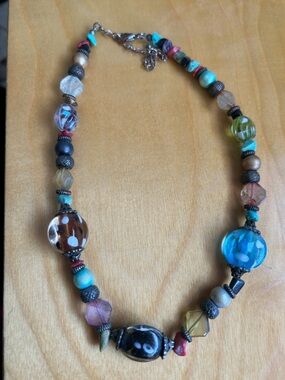 Boho Multicolor Glass Bead Necklace - Turquoise, Blue & Brown